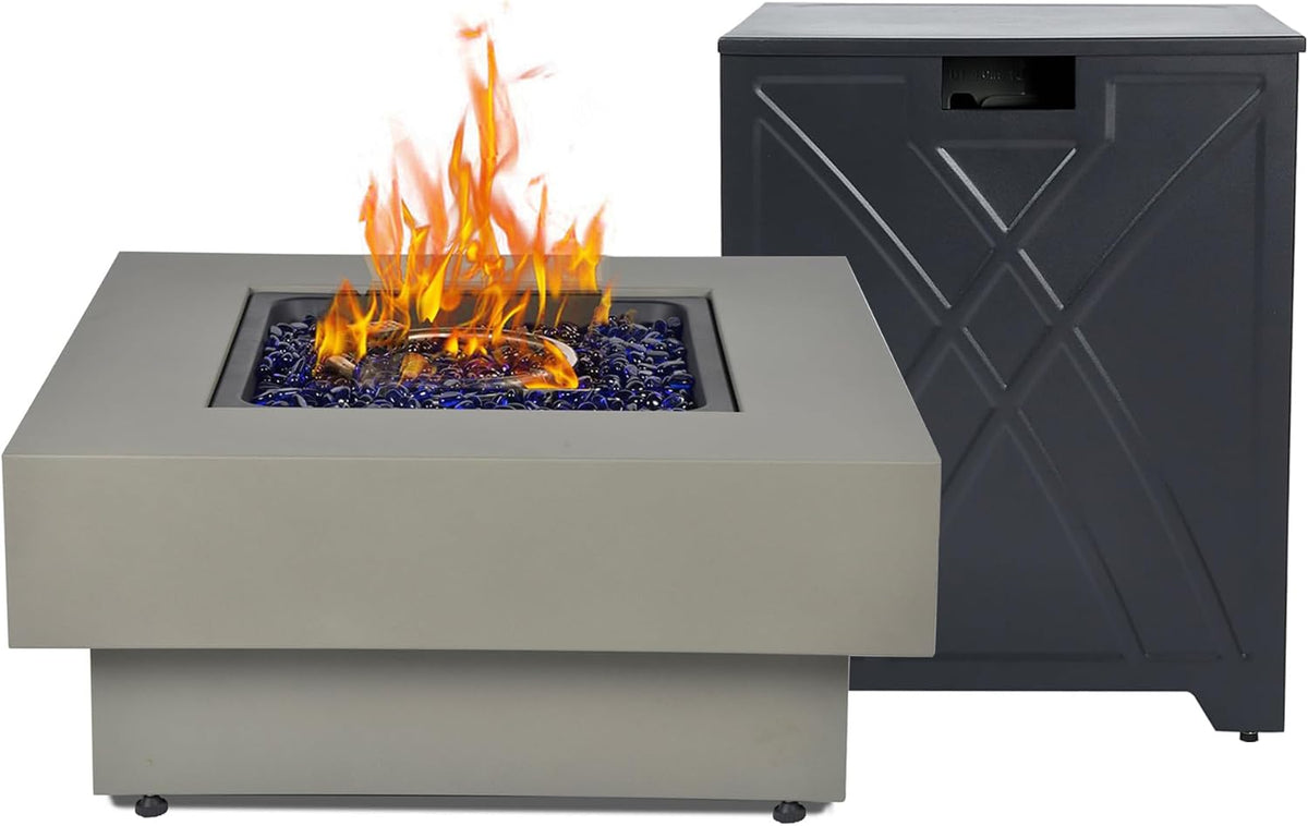 32.5-inch Outdoor Gas Fire Pit with 20lb Propane Tank Cover Table, 50,000BTU Propane Gas Fire Pits for Outside Patio w/Square Burner Lid, Glass Rocks, Pre-Attached 10ft External Gas Hose