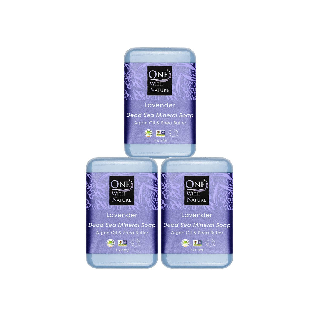 One With Nature Dead Sea Salt Lavender Soap 4Oz Bars 3Pack - Dead Sea Salt Contains Magnesium, Sulfur & 21 Essential Minerals -