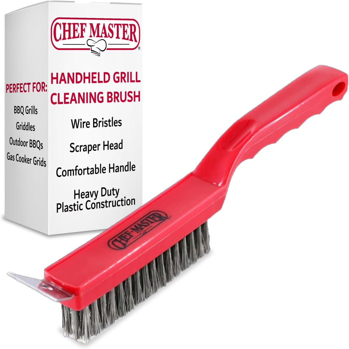 Chef Master Grill Brush & Scraper, Heavy Duty Plastic Handheld Grill Cleaning Brush, Scraper Head with Tough Wire Bristles Grill Brush for Grill Grates, Outdoor BBQ Grill & Grilling Accesories - 90044