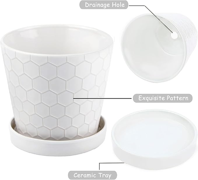 Ceramic Plant Pots,4+5+6 Inch Pots for Indoor Plants,Planters with Drainage Holes and Ceramic Tray, Indoor Flower Pots Gardening Home Desktop Office Windowsill Decoration Gift,Set of 3 (White)