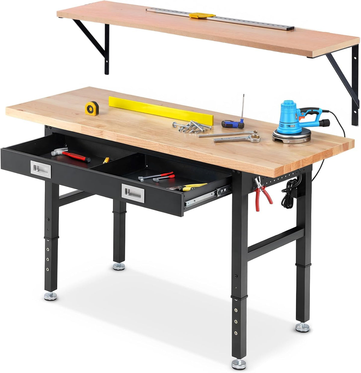 Work Bench for Garage with Shelf Bracket 60 x 22 Inch Heavy Duty Rubberwood Tabletop Work Table Adjustable Height Workbench with Drawer, Power Outlets for Woodworking Shop, Home, Office