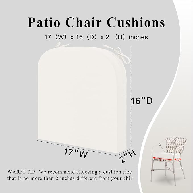 Outdoor Chair Cushions Set of 2, Waterproof Foam Patio Seat Cushions with Ties for Garden Sofa & Dining Furniture, 3-Year Color Fastness, 16x17x2 Inch, Beige