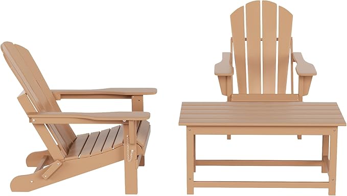 WO Home Furniture Adirondack Chairs Table Set of 3 PCS Outdoor Folding Chairs Coffee Table Weather/UV Resistant for Lawn, Garden, Bon Fire, Balcony (Teak)
