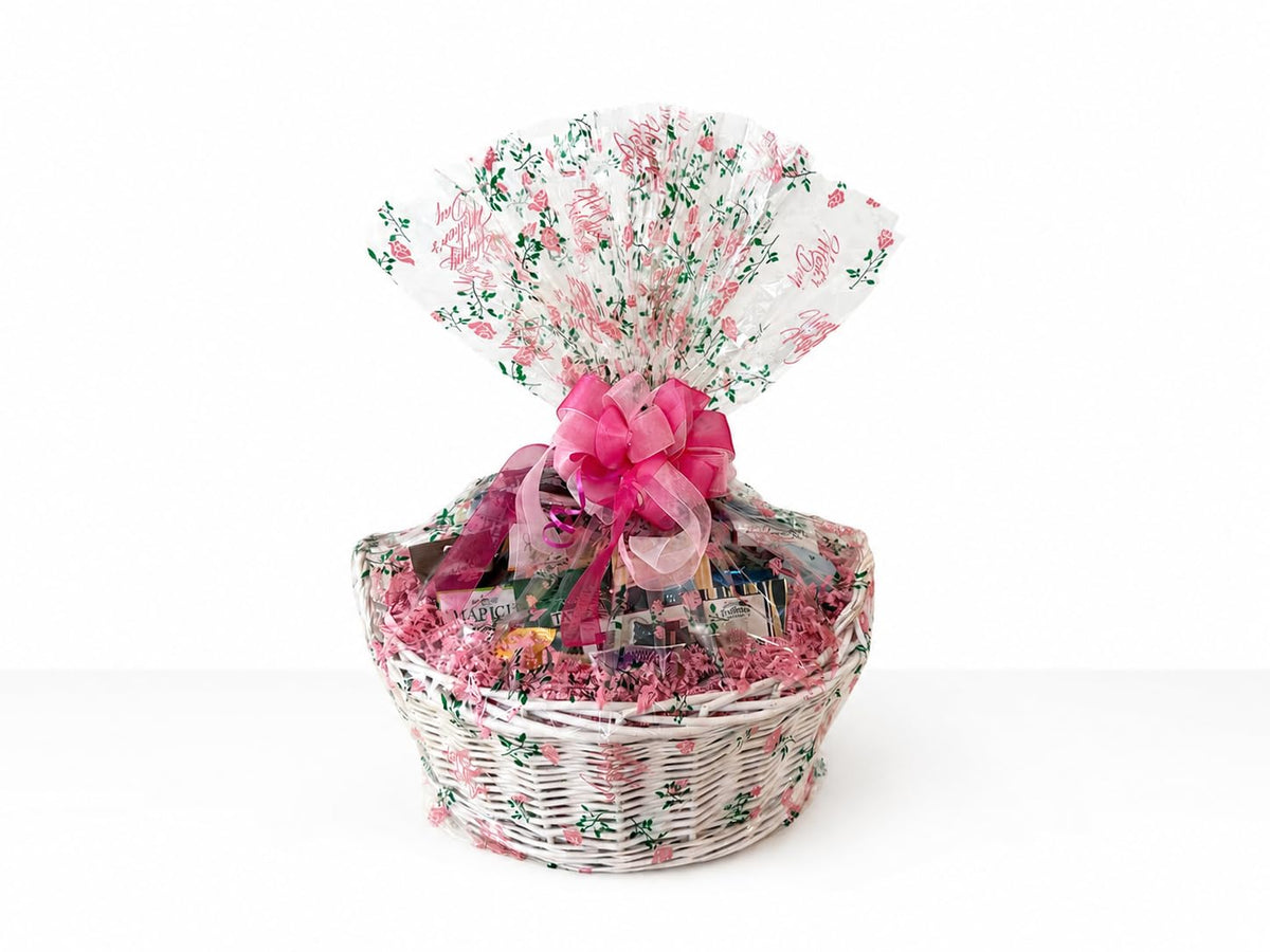 Mothers Day Gift Basket with Chocolate, Candy & Snacks - 18 Inch Wrapped Gift Basket - Holiday Treats for Mom, Grandma, Family, Friends & Coworkers