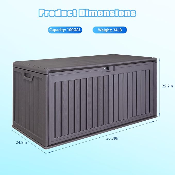 100 Gallon Outdoor Storage Box Waterproof, Resin Deck Box with Dual-Wall, Patio Cushion Storage Box for Garden Tools, Pool Supplies, Toy