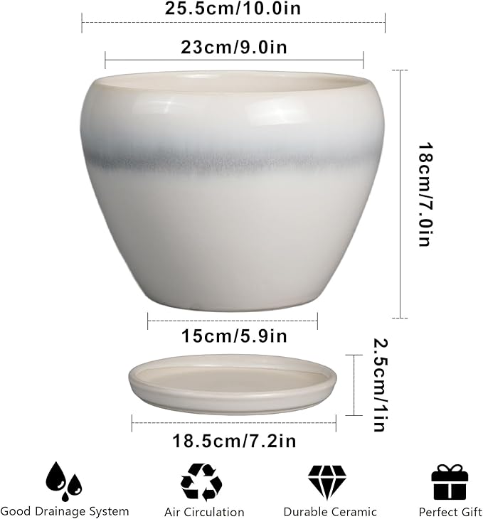10 Inch Ceramic Planter Pot - Large Plant Pot with Drainage Hole and Saucer Round Flower Pot for Indoor Plants, White