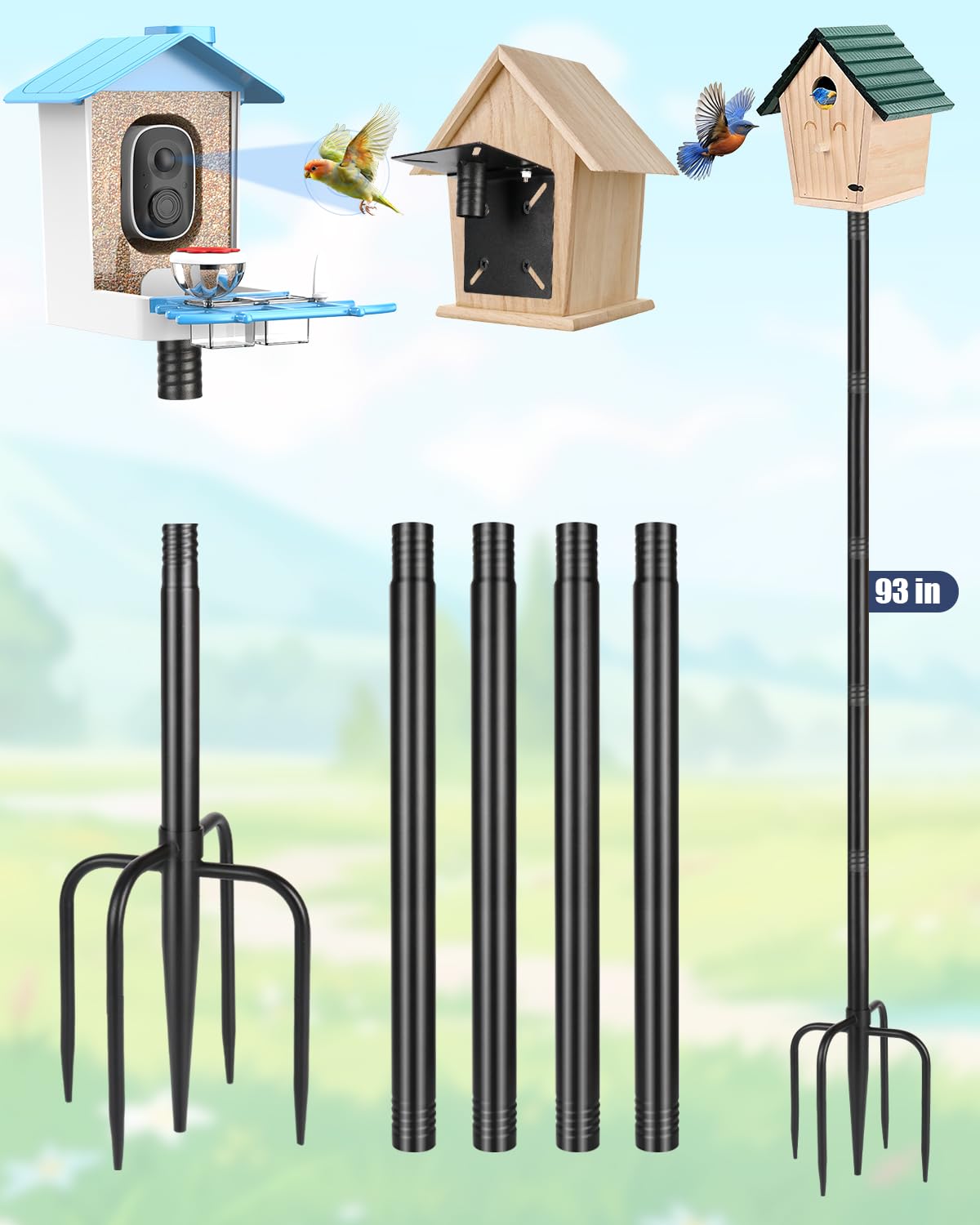 Smart Bird Feeder Pole Stand, 93 Inch Bird House Pole for Outdoors Heavy Duty Adjustable Mounting Pole for Smart Bird Feeder with 1 Inch Dia Bird Feeder Post Weather Station, Black