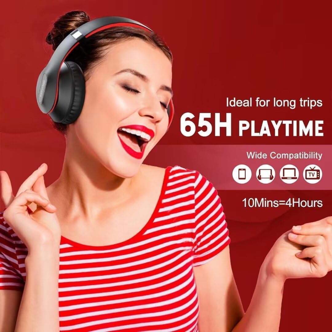Wireless Bluetooth Headphones Over Ear 65H Playtime HiFi Stereo Headset with Microphone and 6EQ Modes Foldable Bluetooth V5.3 Headphones for Travel Smartphone Computer Laptop