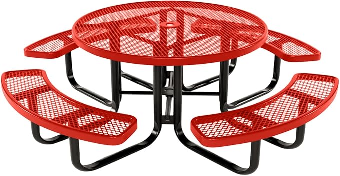 Coated Outdoor Furniture Heavy-Duty Portable Outdoor Kids Table with Umbrella Hole, Expanded Metal Kids Picnic Table, Commercial-Grade, Made in America (46 In, Round, Childrens, Red)