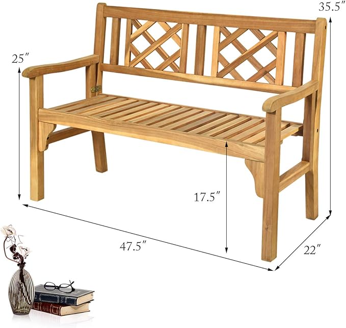 Giantex 4 Ft Foldable Outdoor Bench, Acacia Wood Outside Loveseat with Curved Backrest and Armrest, 705Lbs Weight Capacity, Garden Bench for Patio, Park, Porch, Balcony