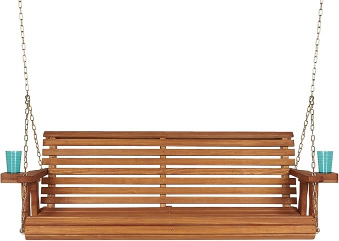 Amish Casual 5 Foot Roll Back Heavy Duty Wooden Porch Swing with Cup Holders in Cedar Stain - Amish Made in The USA from Treated Pine, Outdoor Hanging Bench Swing with 700 Lb. Weight Capacity