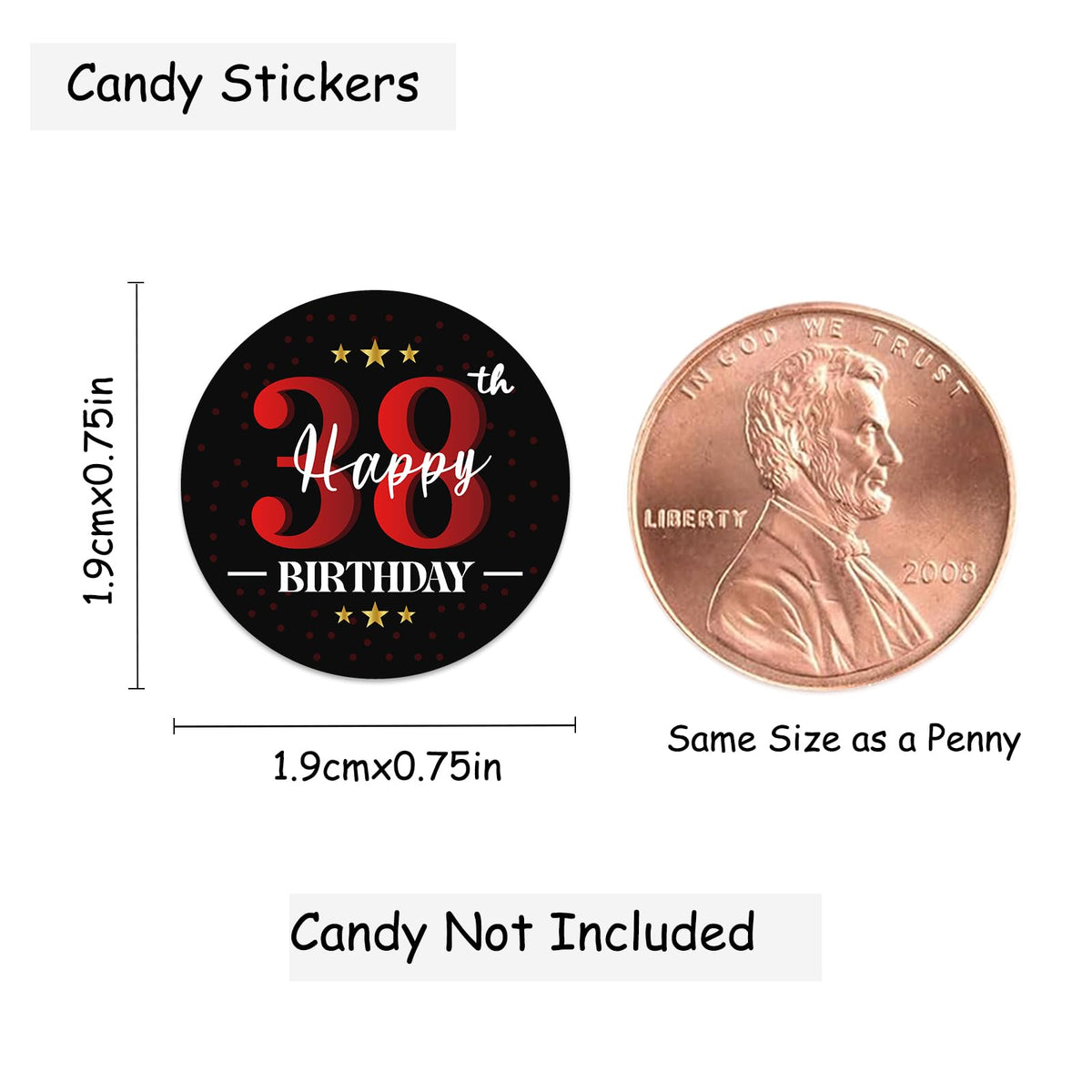 Happy 38th Birthday Party Favor Labels Chocolate Candy Stickers - Thirty Eight Years Old Birthday Round Candy Sticker Party Favors - Black and Red