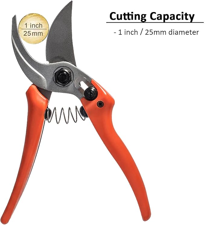 BUGUI 8" Gardening Scissors, Bypass Pruning Shears, 1" Cutting Capacity Sharp Garden Clippers with Low-friction Painted Stainless Steel Blade