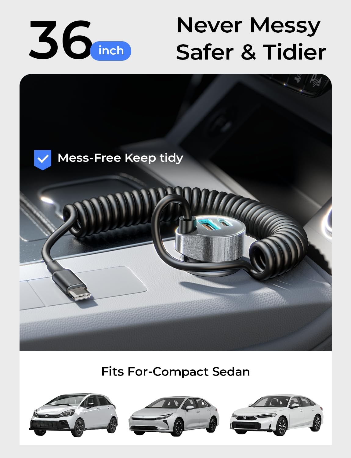 LISEN 65W for iPhone 17 Pro Max Car Charger USB C Fast Charging,Super Fast iPhone 16/17 Pro Car Charger Type C Adapter Fit iPhone 17 Air ProMax Plus/16/15, Samsung Galaxy S25/24,Sliver, 36 inch