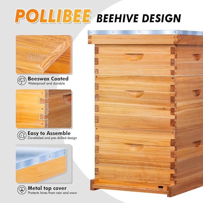 POLLIBEE 10 Frame Langstroth Beehive, Beeswax Coated Bee Hives for Bee Keeper,Beehive Include 2 Deep Bee Boxes and 1 Medium Bee Hive Box with Frame and Foundation(Unassembled)