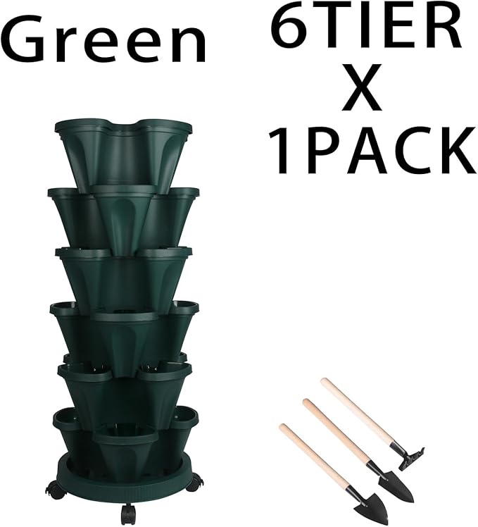 Vertical Planter 6 Tier Stackable Planters Garden Planters Strawberry Herb Flower and Vegetable Planter Indoor Outdoor Gardening Pots with Removable Wheels and Tools