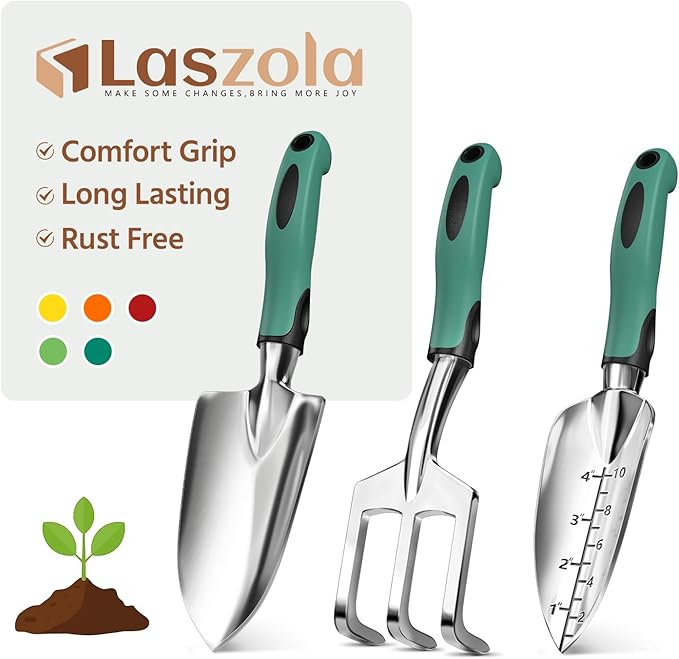 LASZOLA 3 Piece Garden Tool Set Include Hand Trowel Rake and Transplant Shovel for Women, Indoor Heavy Duty Small Spade Kit with Ergonomic Handle to Weed and Loosen, for Mom and Plant Beginner, Teal