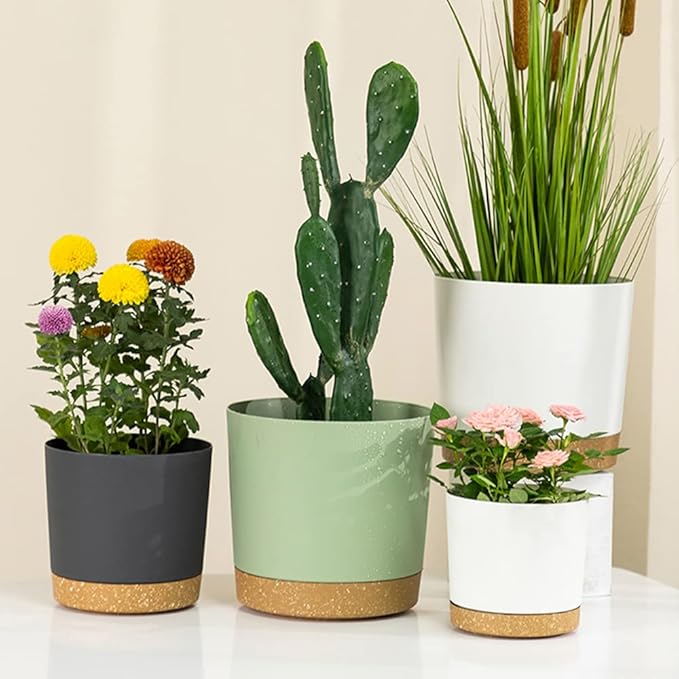 ZMTECH Plant Pots, Set of 6 6.5'' Self Watering Plastic Planter with Drainage Hole and Saucer,Modern Decorative Flower Pot for Indoor Outdoor House Plants, Succulents, Flowers - Green