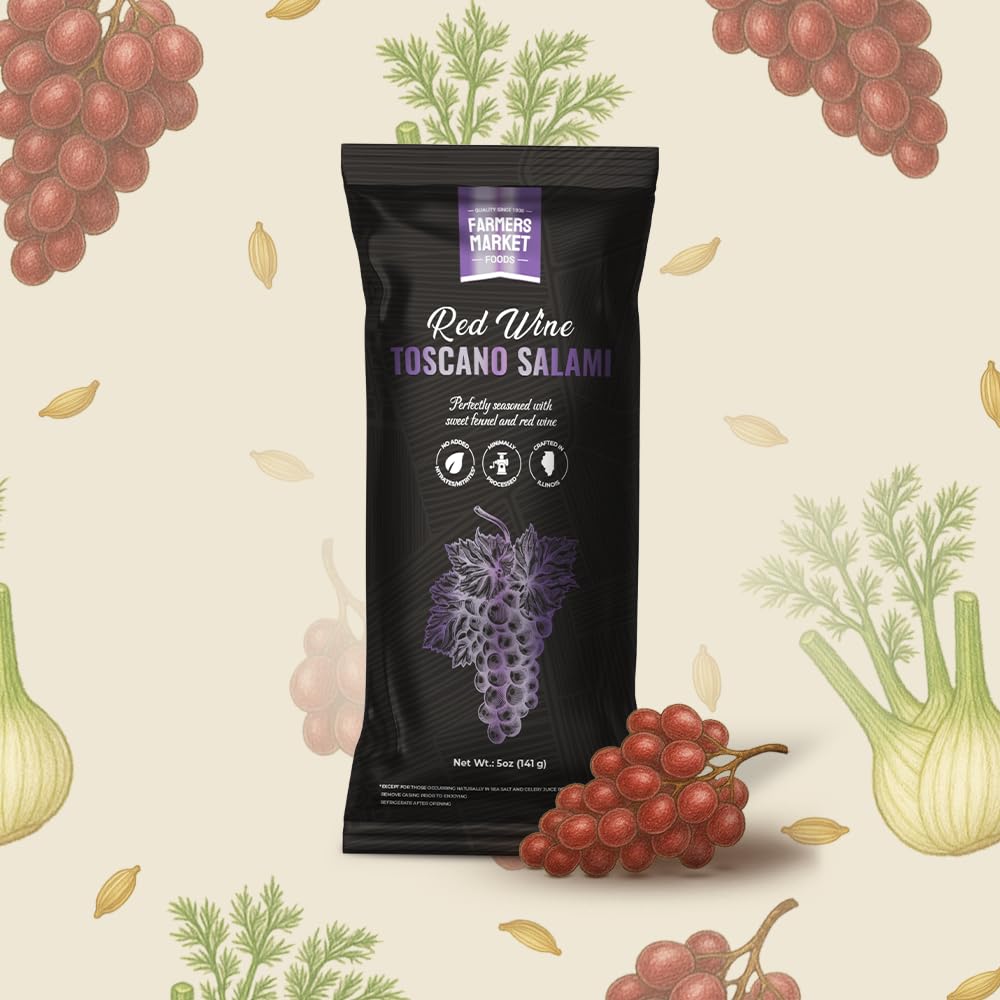 Farmers Market Foods Red Wine Toscano Salami - Italian Style Gourmet Salami Snack, Clean Label, Gluten Free, High Protein, Low Carb, Shelf Stable