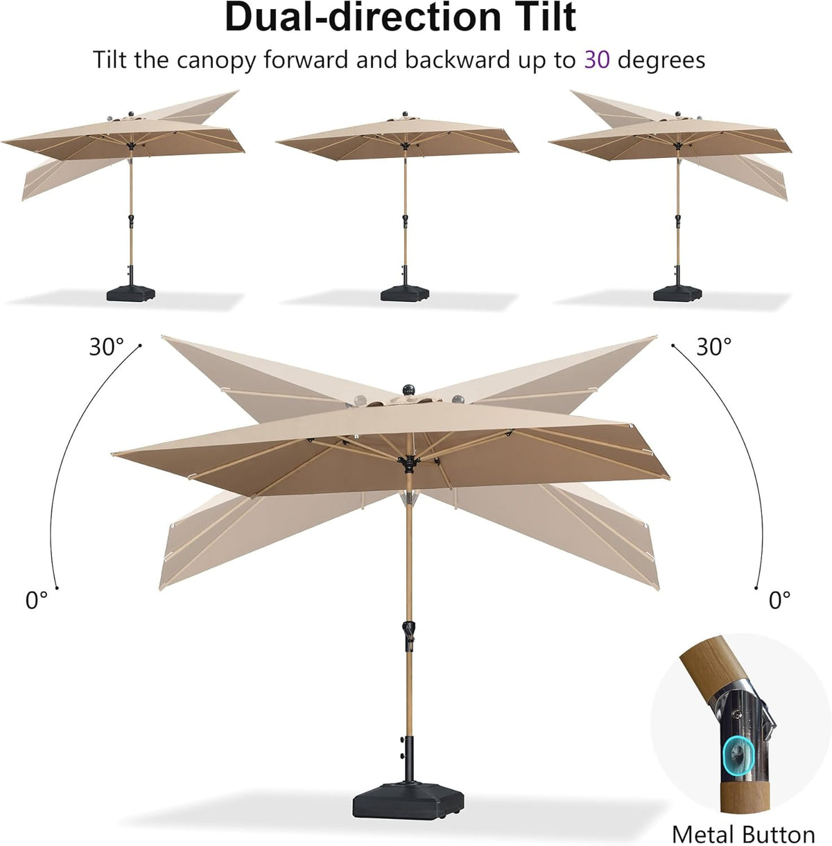 PURPLE LEAF 6' x 9' Market Umbrella Outdoor Table Umbrella Aluminum Patio Umbrella with Push Button Tilt & 8 Sturdy Ribs and Crank Rectangular Sun Umbrella for Pool Backyard Beach, Taupe