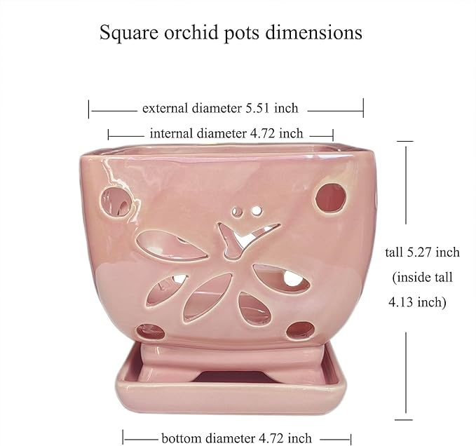 Orchid Pots with Holes Square Ceramic Orchid Planter Pots 5.5 inch (Pink)