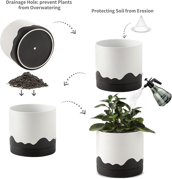 Nihow Ceramic Plant Pot: 8 Inch Planter with Drainage Hole & Saucer for Indoor & Outdoor Plants - Cylinder Round Flower Pot for Succulent/Herbs/Violets - White & Wave Black