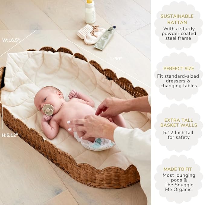BEBE BASK Premium Baby Changing Basket - Artisan-Crafted Scalloped Rattan - Changing Basket for Baby Dresser - All Accessories Included - Complete Set for Nursery (Mocca)
