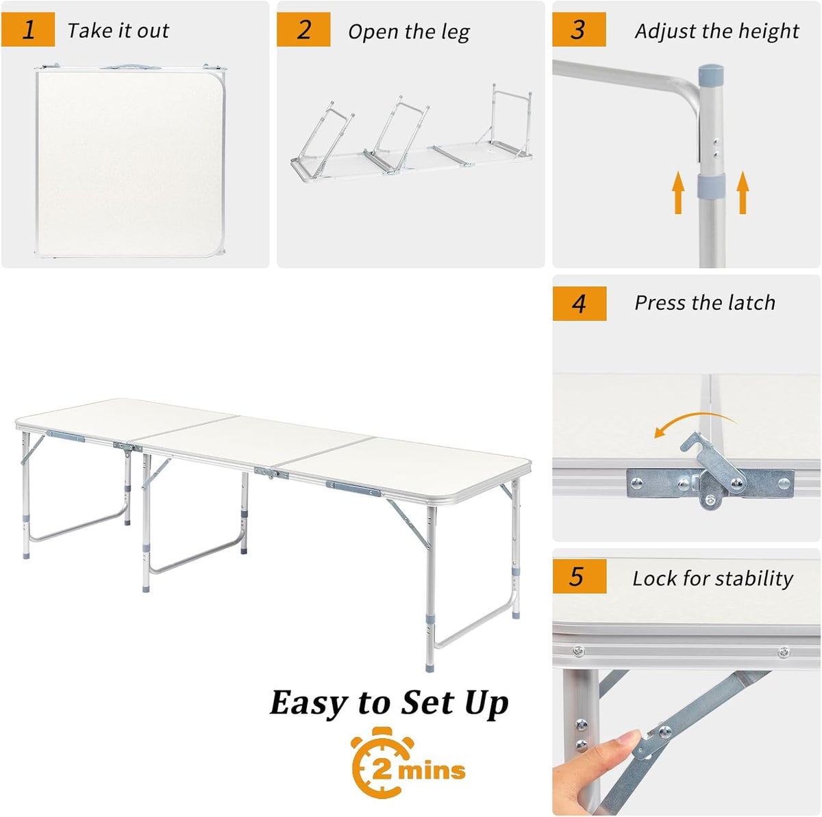 Outvita 6ft Portable Folding Camping Table, Outdoor Waterproof Adjustable Height Table, Aluminum Lightweight Suitcase Foldable Table for Picnic BBQ Beach Dining