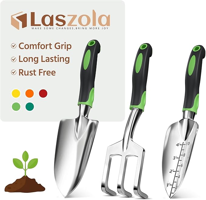 LASZOLA 3 Piece Garden Tool Set Include Hand Trowel Rake and Transplant Shovel for Women, Indoor Heavy Duty Small Spade Kit with Ergonomic Handle to Weed and Loosen, for Mom and Plant Beginner, Green