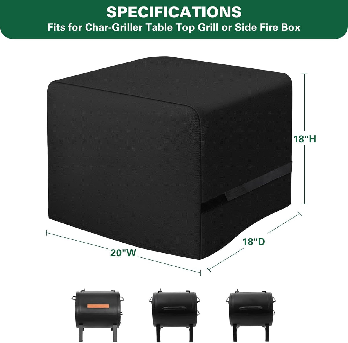 Side Fire Box Grill Cover Fits for Char-Griller 22424 72424 E82424 Portable Tabletop Grill, 600D Heavy Duty BBQ Cover Waterproof Portable Grill Cover, 18 x 18 x 20 Inch, Model 2455