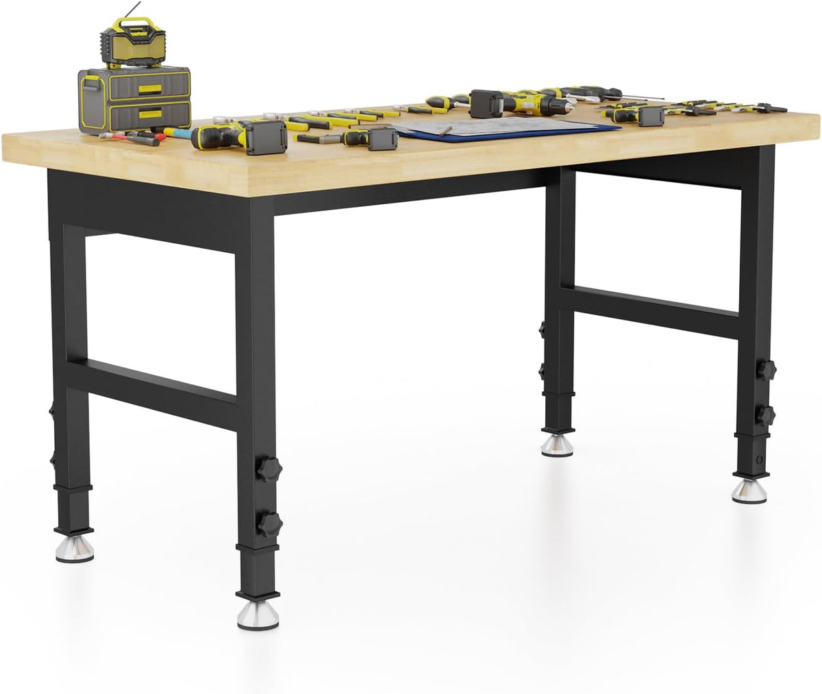 48'' Adjustable Workbench, Solid Wood Work Bench Table, Metal Tool Bench Work Bench for Garage, Large Load Capacity Garage Workbench Workshop Table for Workshop,Office,Home, Easy Assembly