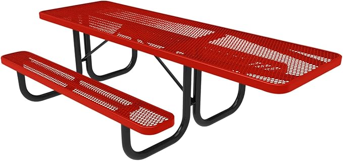 Coated Outdoor Furniture Heavy-Duty Portable ADA-Compliant Outdoor Picnic Table, Expanded Metal Patio Dining Furniture Made in America (8ft Rectangular, One-Side Handicap, Red)