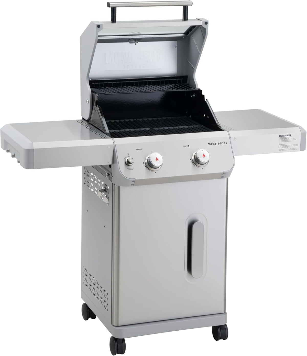 Monument Grills 2-Burner Stainless Steel Liquid Propane Gas Grill, Two Foldable Shelves Patio Garden Barbecue Grill with Clearview® Lid, Knob Control, Mesa200S with BBQ Cover