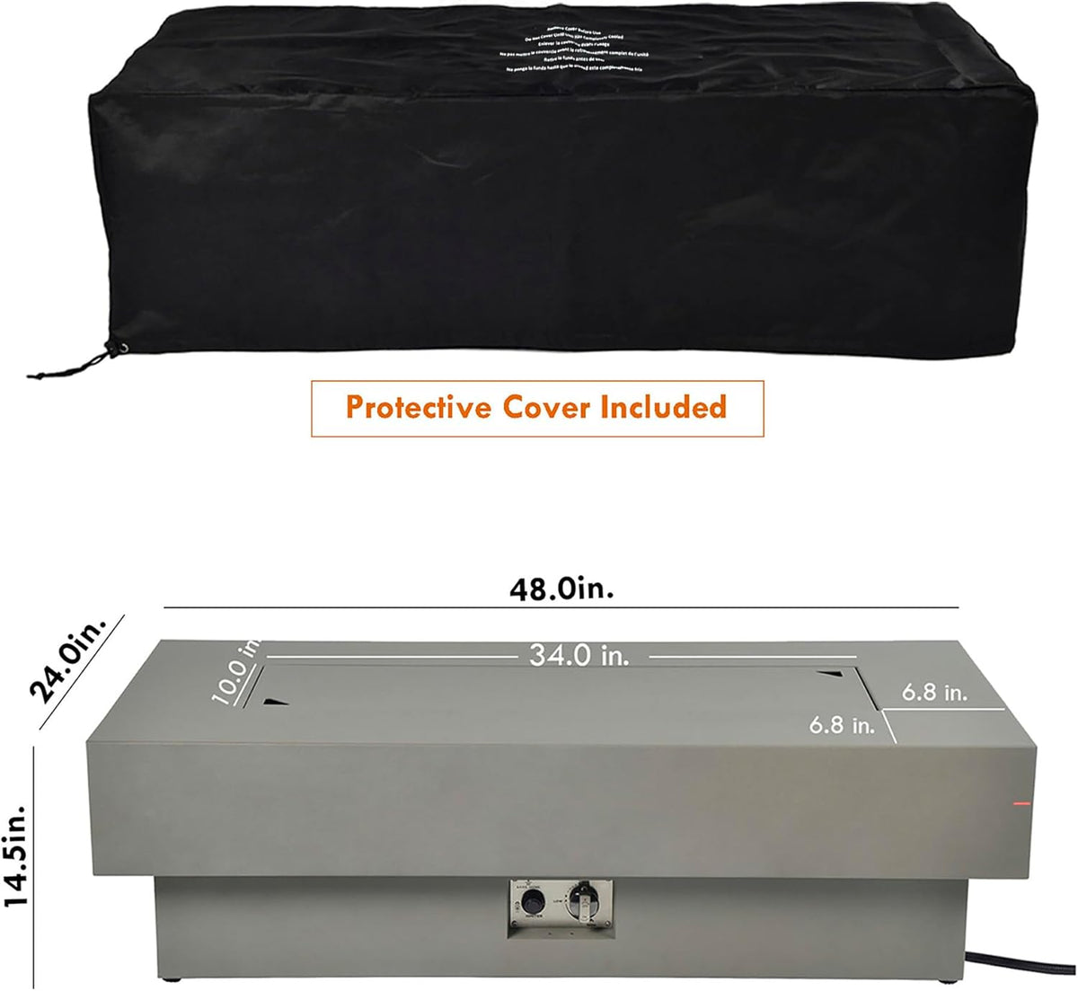 48-inch Fire Table with 20lb Propane Tank Cover, 50,000BTU Outdoor Modern Patio Fire Pit Table w/Rectangular Burner Lid, Glass Rocks, Pre-Attached 10ft External Gas Hose