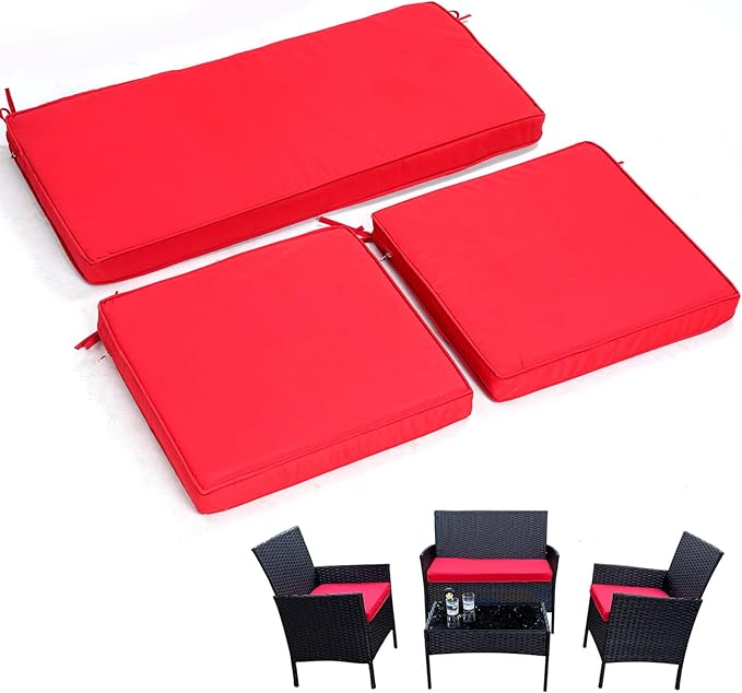 3-Pack Outdoor Patio Furniture Replacement Cushions Set–High-Elastic Sponge Cushions Fit 4-Piece Wicker Rattan Sofa, Loveseat & Chairs, 36x18x2 & 18x18x2, Waterproof, Fade-Resistant (Wine red)