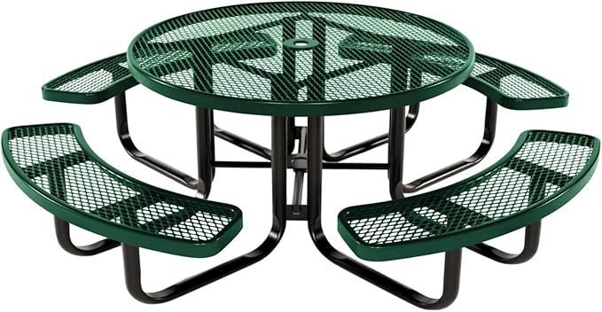 Coated Outdoor Furniture Heavy-Duty Portable Outdoor Kids Table with Umbrella Hole, Expanded Metal Kids Picnic Table, Commercial-Grade, Made in America (46 In, Round, Childrens, Textured Green)