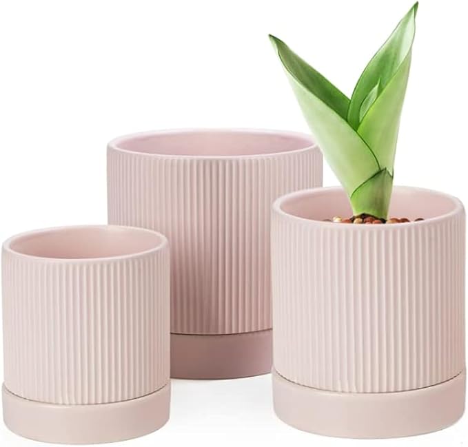 LaDoVita 3 Pack Ceramic Plant Pots 6/5/4 inch, Flowerpot for Indoor Plants with Drainage Holes and Tray, Outdoor Garden Planters, Modern Decorative for Home, Pink Vertical Stripes