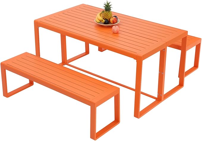 Aoodor 3-Piece Outdoor Patio Dining Set, Aluminum Furniture Set with 1 Rectangular Picnic Table and 2 Benches for Garden, Lawn, Yard