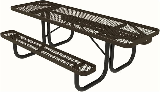 Coated Outdoor Furniture Heavy-Duty Portable ADA-Compliant Outdoor Picnic Table, Expanded Metal Patio Dining Furniture Made in America (8ft Rectangular, Both-Side Handicap, Textured Brown)
