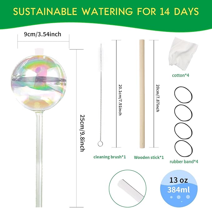 13 oz Up 2 Weeks Large Plant Watering Globes - Self Watering Bulbs for Indoor & Outdoor Plants, Glass Water Globes, Slow Watering for Plants While Away, Self Watering Planter Insert 4 Pack