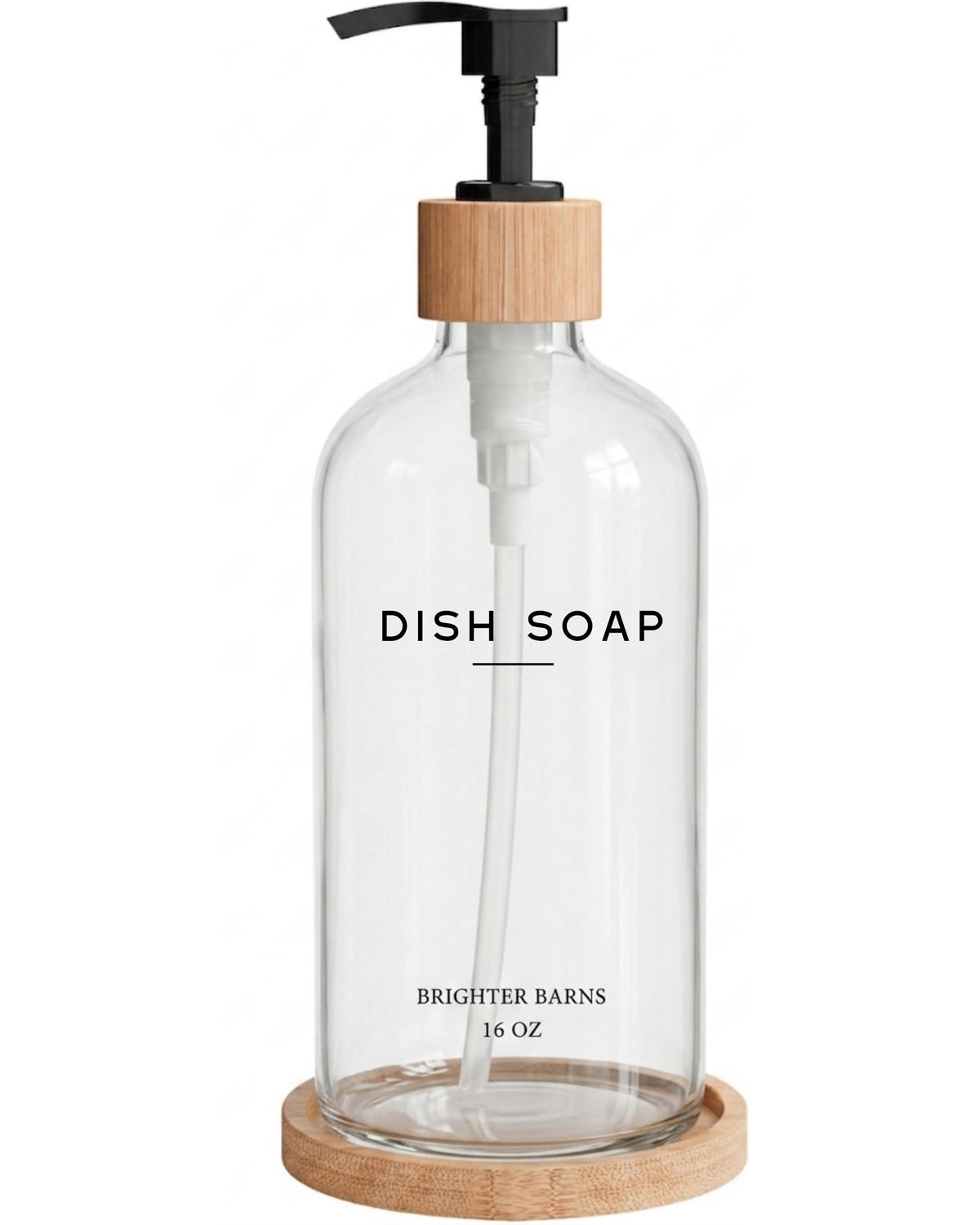 Clear Glass Dish Soap Dispenser by Brighter Barns - Kitchen Sink Set With Bamboo Tray - Modern Decor and Accessories, Minimalist Neutral Home (Clear)