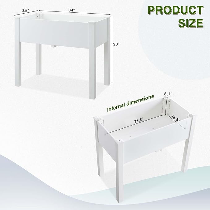 Psilvam Raised Garden Bed with Legs, Poly Lumber Raised Planter Box, Outdoor Elevated Garden Bed Suit for Backyard, Patio, Balcony 34" D x 18" W x 30" H（White）