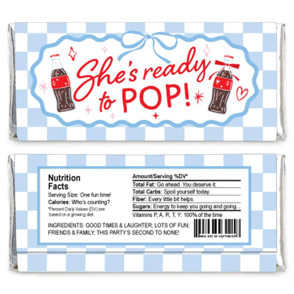 Big Dot of Happiness She's Ready to Pop Baby Shower Candy Bar Wrappers, Funny Retro 50s-Themed Soda Pop Party Favors, DIY Chocolate Bar Wrappers - Set