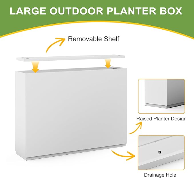 FENCY Metal Rectangular Planter Box Large Planters for Outdoor Plants, Tall Planters for Outdoor Plants with Drainage Holes, Rectangular Planters for Outdoor Plants (35.4" L x 9" W x 25.6" H,White)