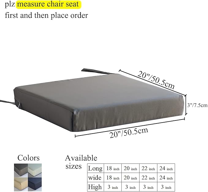 Patio Chair Cushions Set of 2 Non Slip Bottom Chair Pad with Ties Waterproof Square Outdoor Seat Cushion Replacement for Garden Swing Furniture 20x20 Inch, Light Khaki