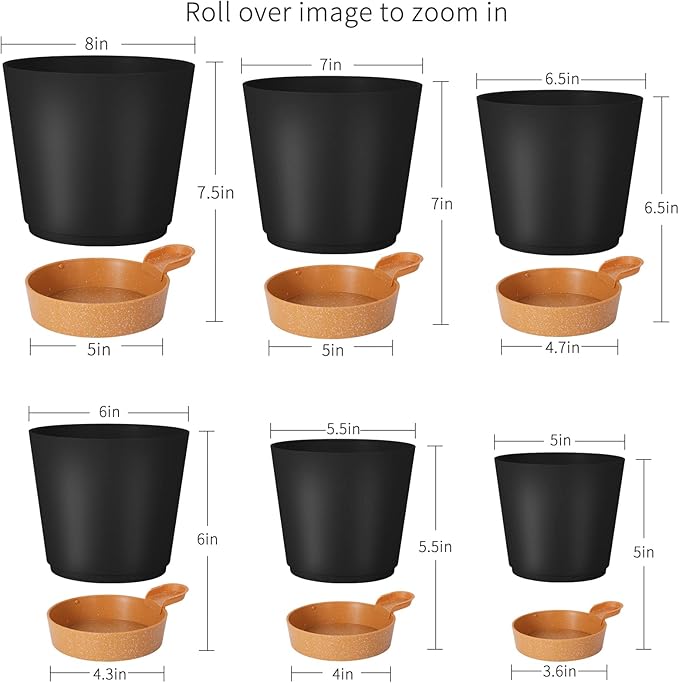 GARDIFE Plant Pots 8/7/6.5/6/5.5/5 Inch Self Watering Planters with Drainage Hole, Plastic Flower Pots, Nursery Planting Pot for All House Plants, African Violet, Flowers, and Cactus,Black