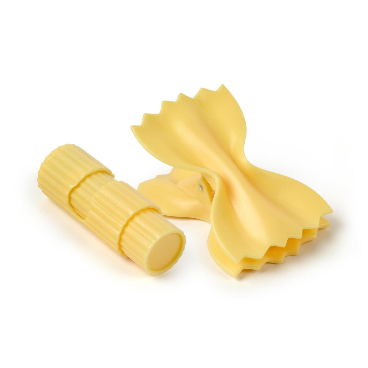 Genuine Fred SNACKARONI Pasta Bag Clips, Set of 4, Two Styles Farfalle and Rigatoni, Squeeze and Lock Bread Bag Clip, Spring-Loaded Clips, Fun Food Storage and Kitchen Accessories