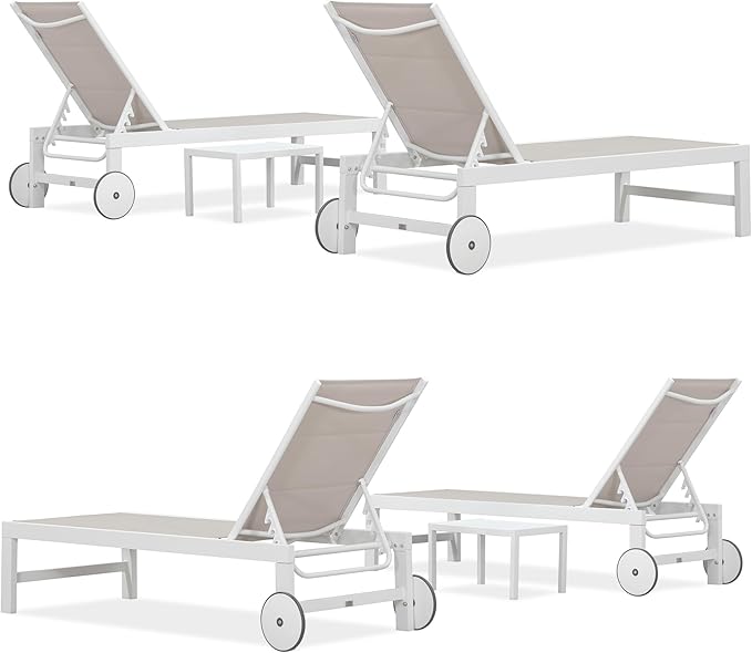 PURPLE LEAF Outdoor Chaise Lounge Staight Legs Adjustable Sunbathing Recliner with Side Table Khaki 2 Sets