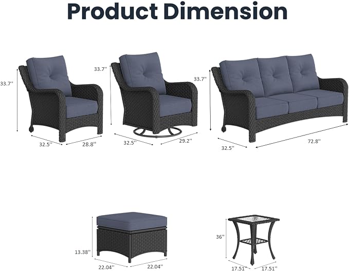 9 Pieces Outdoor Patio Furniture Sets with Rocking Swivel Chairs with 6-inch Thick Cushion and Side Table for Deck Lawn