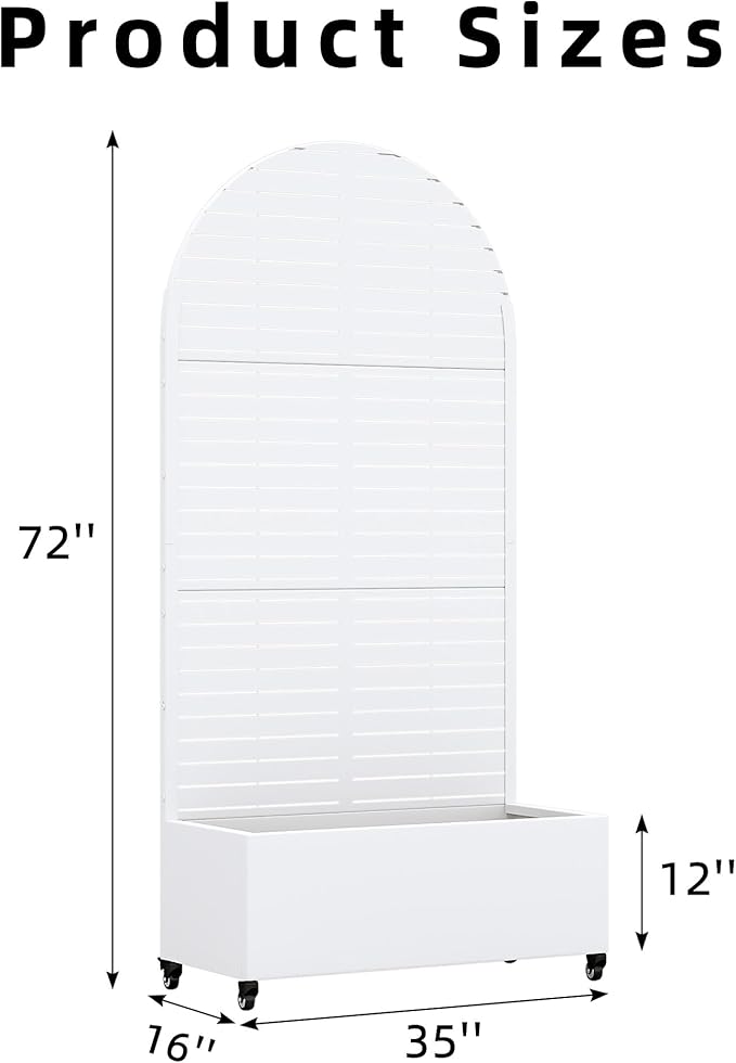 Casaphoria Metal Raised Garden Bed with Trellis and Wheels, 72"x35"x16" Arched Planter Box for Climbing Plants, Vegetables & Vines, Features Drainage Holes and Privacy Screen (White-Louvered)
